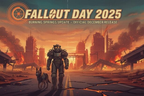 Close-up of Vault Dweller reflecting Burning Springs fire in visor during Fallout Day 2025 announcement.