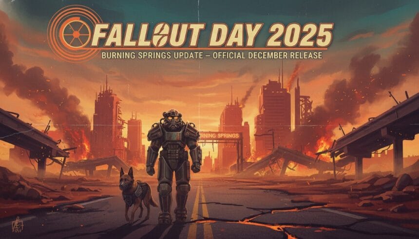 Close-up of Vault Dweller reflecting Burning Springs fire in visor during Fallout Day 2025 announcement.