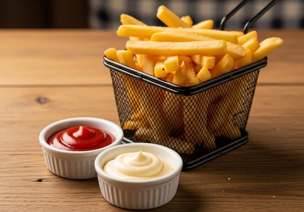 Fries served in a basket or bowl with dips