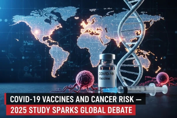 COVID-19 vaccine vial and DNA strand with cancer cells and world map background, representing 2025 global debate on vaccine and cancer risk.
