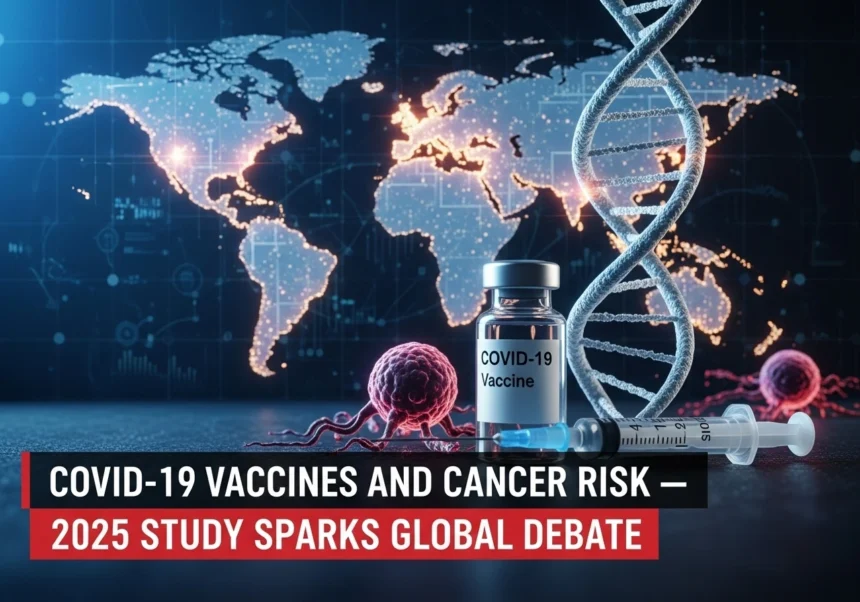 COVID-19 vaccine vial and DNA strand with cancer cells and world map background, representing 2025 global debate on vaccine and cancer risk.