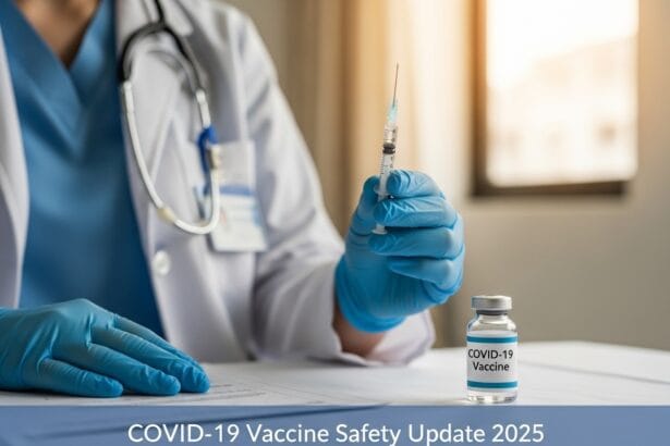 Doctor holding a COVID-19 vaccine syringe beside a vial labeled “COVID-19 Vaccine” inside a medical clinic - 2025 vaccine safety update concept.