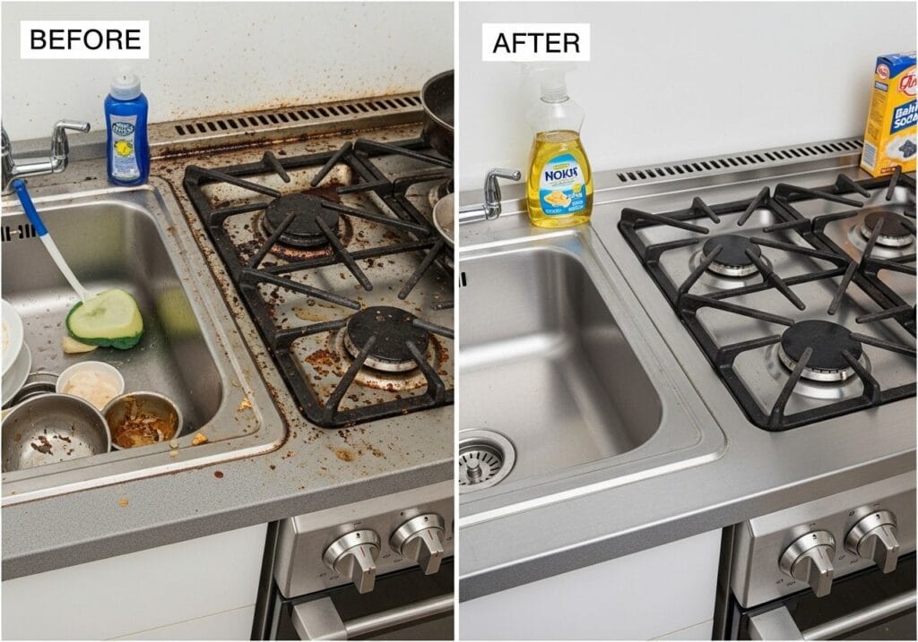 Side by side photo of a dirty stovetop or sink vs. sparkling clean after using the combo