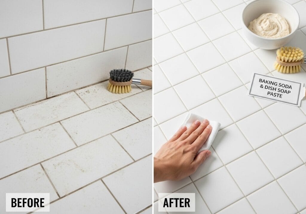 Someone using the mix to clean tiles or shower