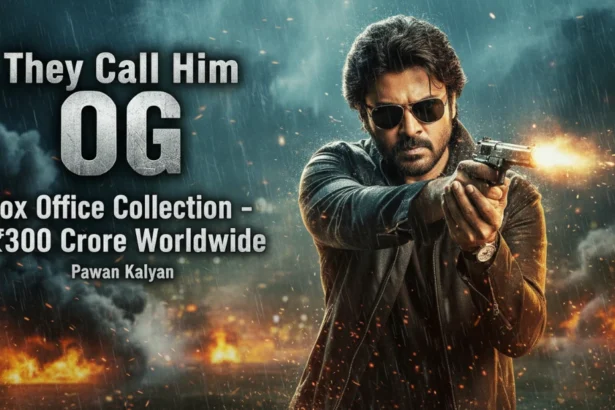Pawan Kalyan in a powerful action pose from They Call Him OG, celebrating ₹300 crore worldwide box office collection.