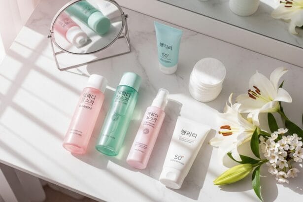 Woman with glowing skin and Korean skincare products in a bright, minimal setup showing steps of a simple skincare routine.
