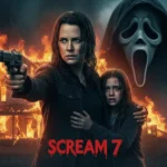 Scream 7 official trailer featured image: Sidney Prescott (Neve Campbell) protects daughter from Ghostface with burning house in background