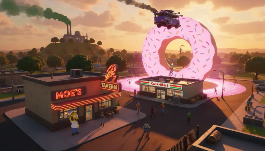 Fortnite Springfield map with Moe's Tavern and Kwik-E-Mart in v38.00 update