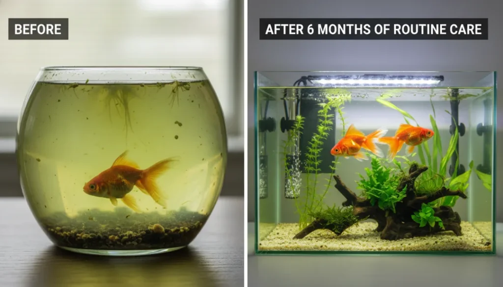 $1 Goldfish Lives 20 Years: Secret Water Change Routine (Goldfish Care 2025) 2 Step-by-step goldfish water change: using gravel vacuum to remove 30% water and debris