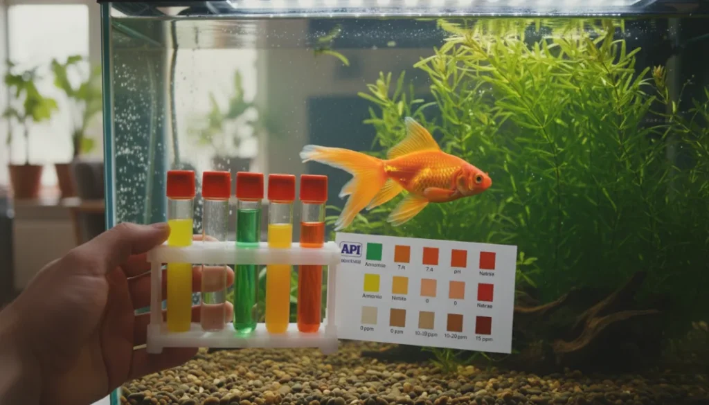 $1 Goldfish Lives 20 Years: Secret Water Change Routine (Goldfish Care 2025) 3 Testing goldfish tank water: API test kit shows ammonia 0 ppm, pH 7.4, nitrate under 20 ppm